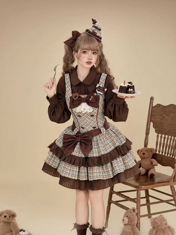 Chocolate & Mint Green Bow Plaid JSK with Heart Brooch - Tan Tuan