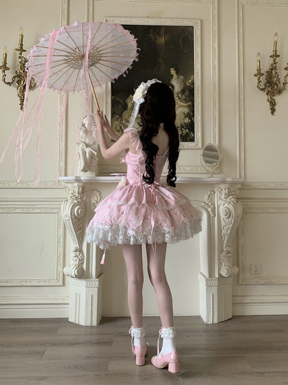 Pink Frog Version Print Jasmine-Embellished Lolita Buttons Short Corset with + Floral Top Skirt