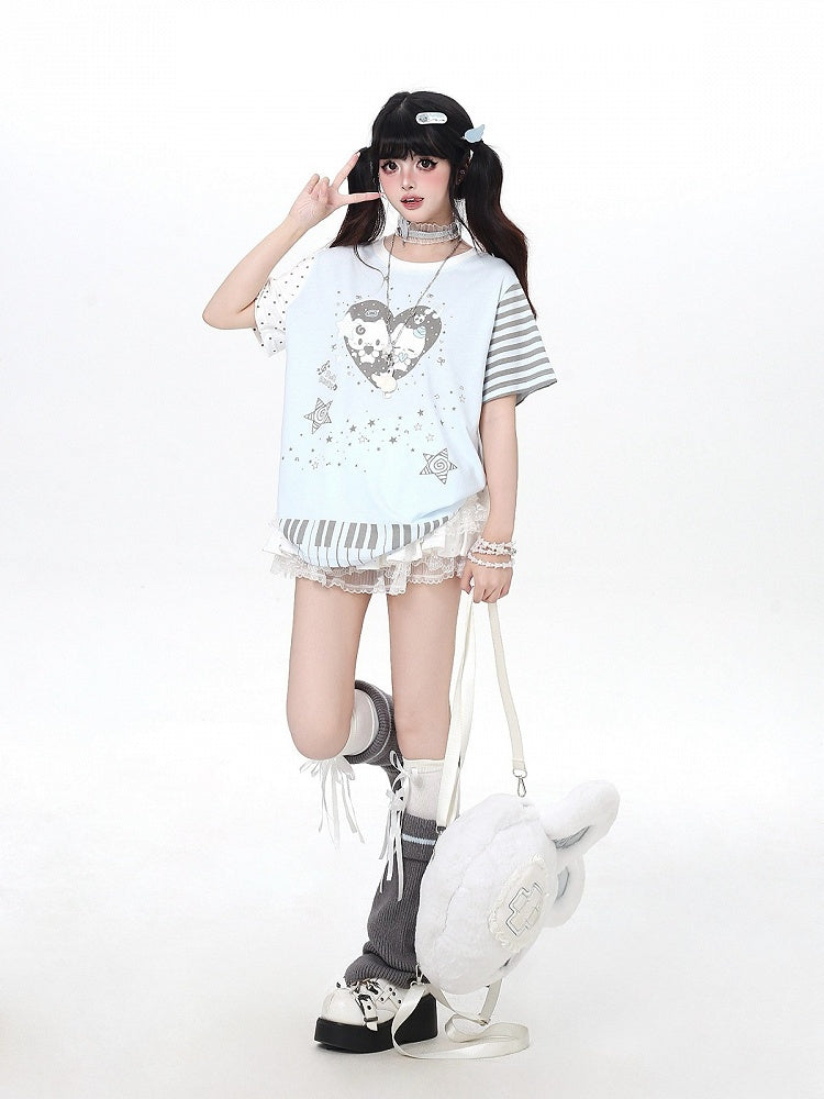 Blue Piano Kitten Print Round Neck T Shirt Polka Dot Stripes