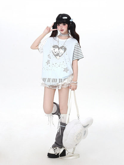 Blue Piano Kitten Print Round Neck T Shirt Polka Dot Stripes