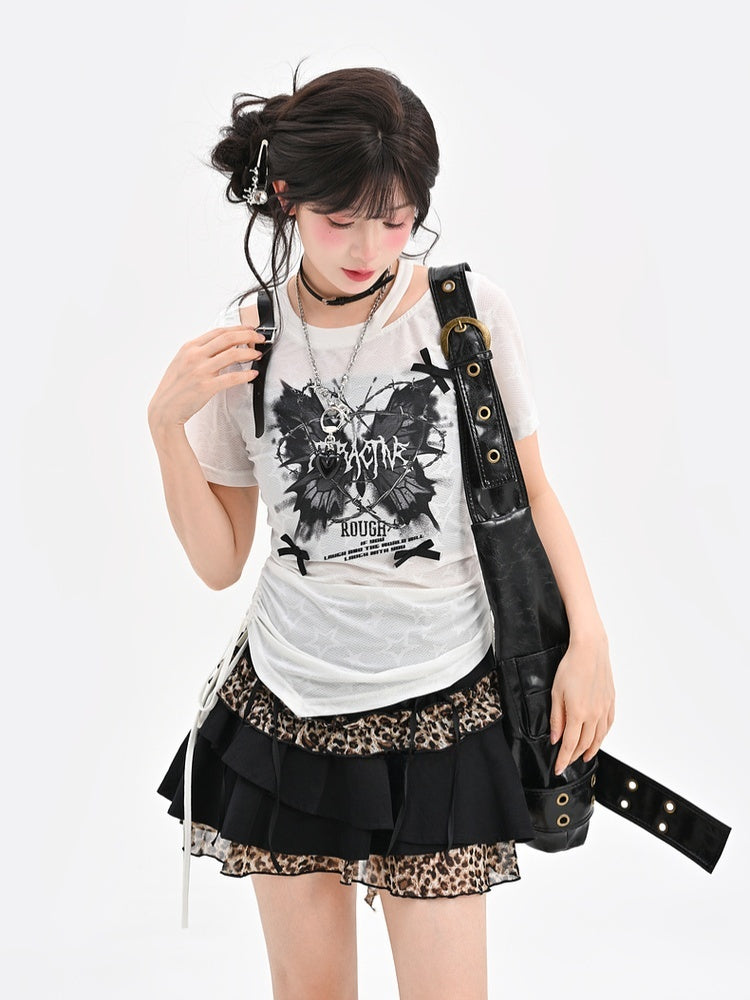 Y2K Schwarzer Mini-Stufenrock mit Leopardenmuster und glamourösen Schnürdetails