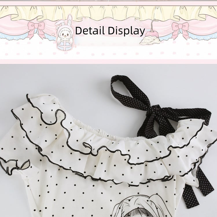 White Ruffle Asymmetric Polka Dot Top with Anime Print - serendipity