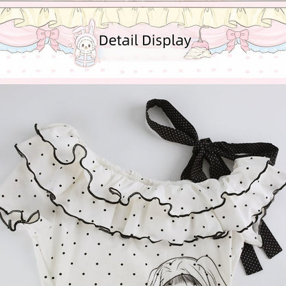 White Ruffle Asymmetric Polka Dot Top with Anime Print - serendipity