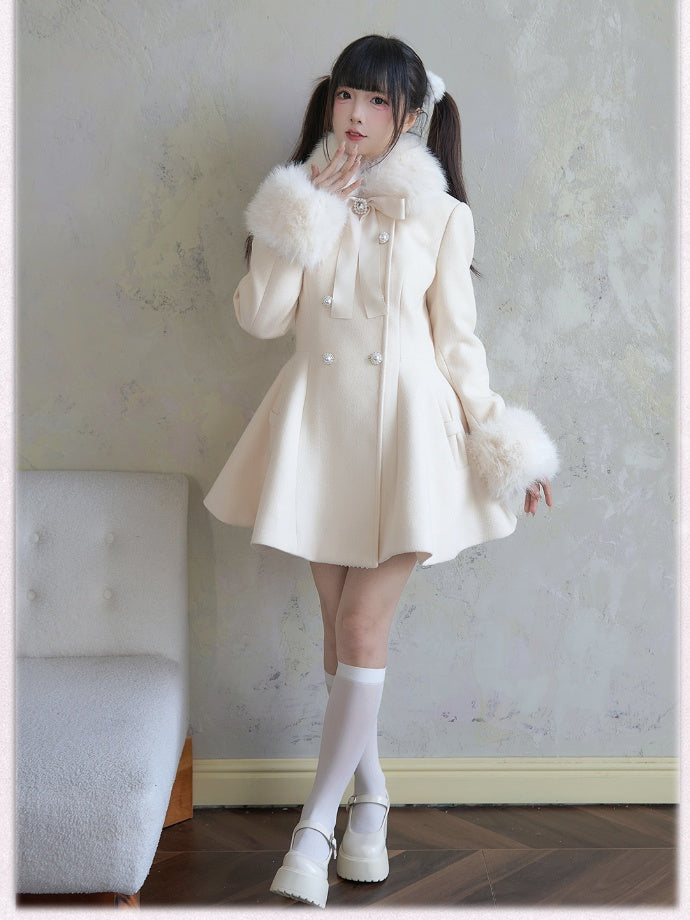 Apricot Coat Jirai Kei Big Bow Breasted with Double Detachable Fluffy Collar and Cuffs Rhinestone