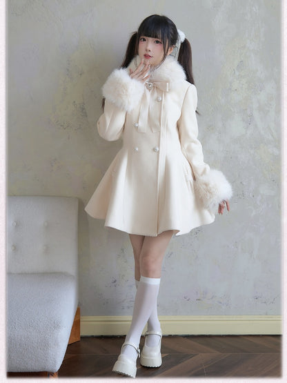 Apricot Coat Jirai Kei Big Bow Breasted with Double Detachable Fluffy Collar and Cuffs Rhinestone