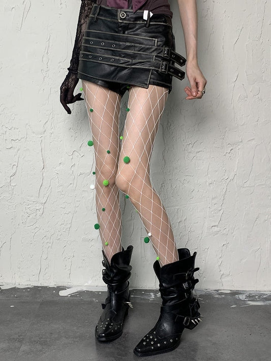Pompons Green White Design Y2K Fishnet Cut-out With Tights