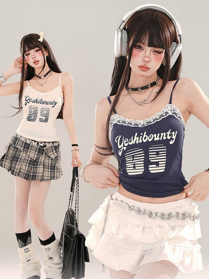 Blue/Apricot Numbers Print Lace Trim Cami Top