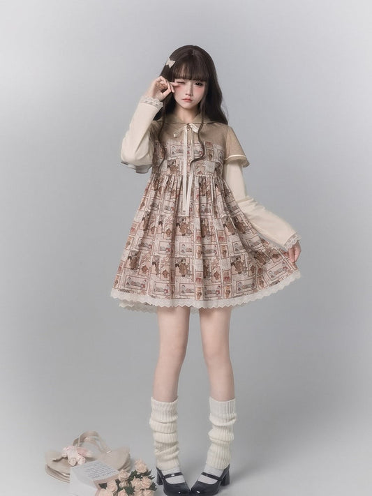 Dress Light Brown Cape Cute With Design Long Print Sleeve Ear Fashion Bear Hooded Kawaii