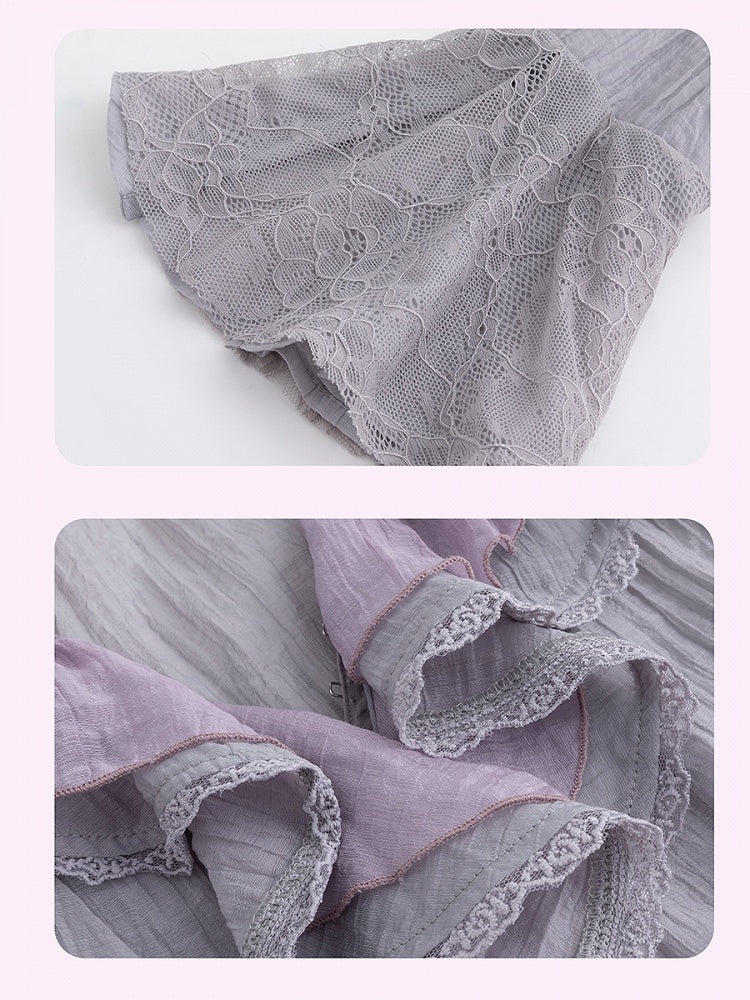 Dusty Sleeve Purple Cascading Long Flounce with Trim Top