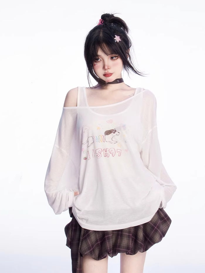 ホワイトのアシンメトリーネックラインのスリンキードッグプリントカバーアップとタンクトップセット