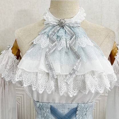 Neck Lily Halter White Blue Top High + Print Sleeveless Super