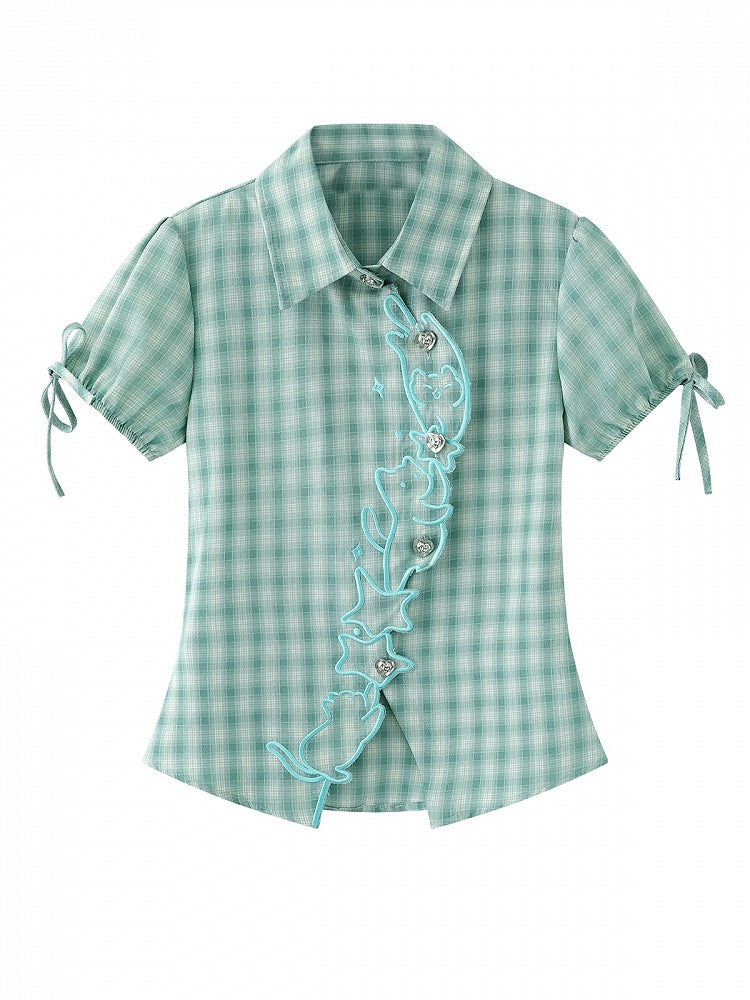 Green Plaid Short Sleeve Shirt with Kitty Embroidery - Languid Park