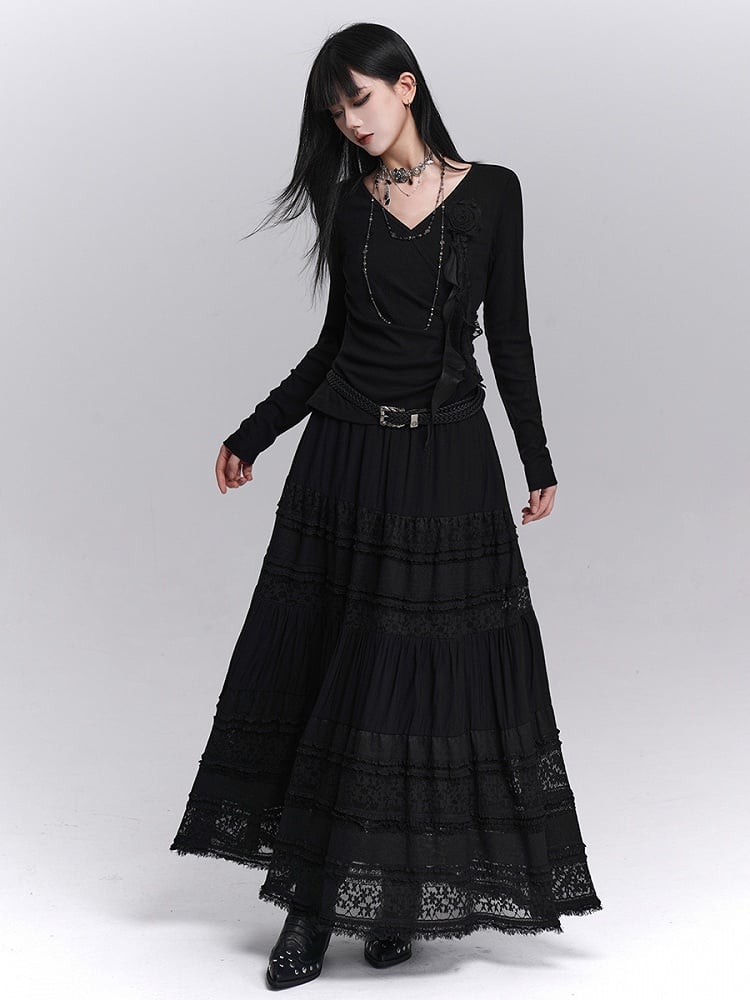 Lace Elastic Waist with Black Lining Patchwork Skirt Gothic Maxi