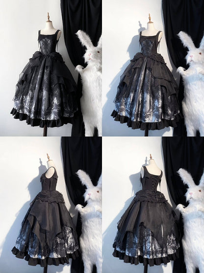 Overlay Layered Dress Gothic Irregular Lolita Gray JSK Black with