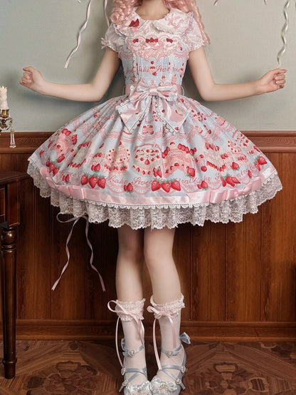 and Dress Print Sweet Jumper Strawberry Blue Skirt Cute Cake Lolita