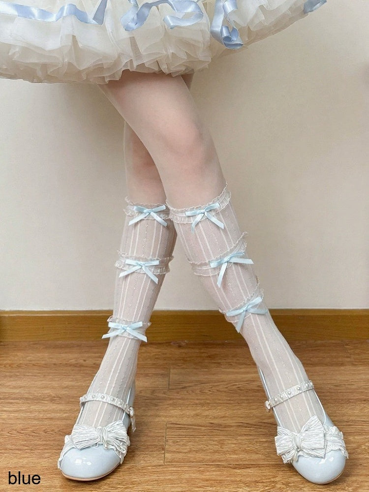 Lolita Calf Socks with Striped Ruffle & Bow Accents, 6-Color Options - Fat Bear Story