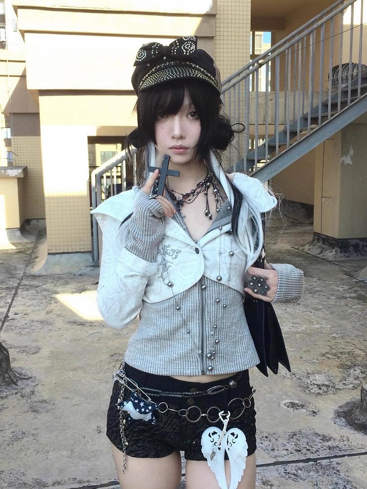 Y2K Hoodie White Two-Piece / Black Faux Knit Zip-Up