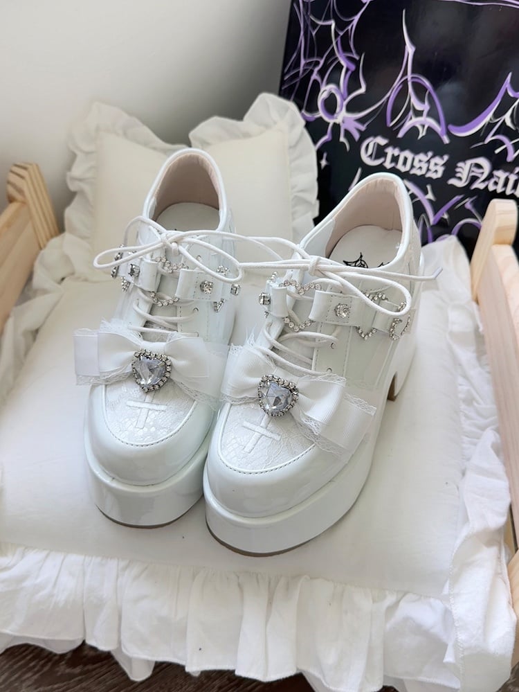 with Heart Bow Cross Mary Embroidery Jirai - Toe Heel Platform Rhinestone Janes Kei White
