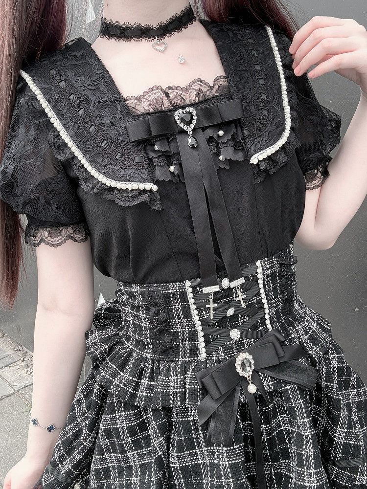 Black Jirai Kei Sailor Collar Blouse with Choker Set - Virtual Paradise