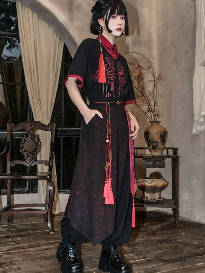 Chinese Print Gothic Black Drawstring Cuffs Talisman Red Pants Sash Wide-leg And With