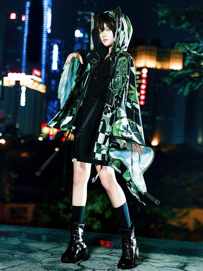 Ohren Riemchenmode Grün Cyberpunk Schnalle Kapuzentop Details Ouji Cat Techwear