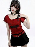 Red & Black Asymmetrical Shoulder Tee with Letter Print - PINK SAVIOR