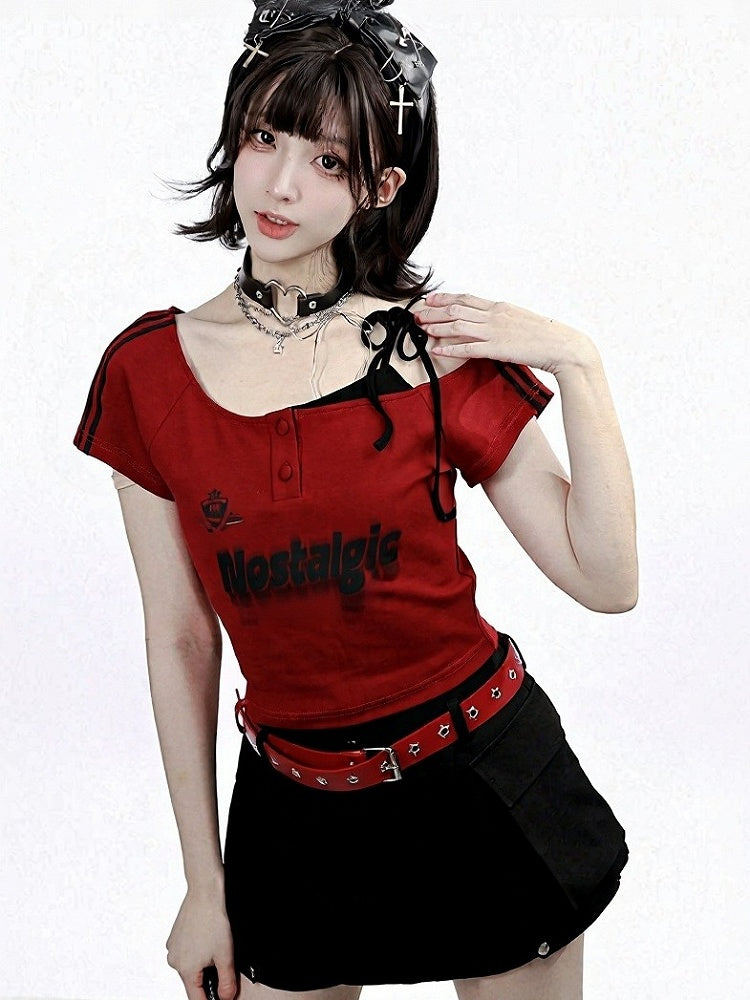 Red & Black Asymmetrical Shoulder Tee with Letter Print - PINK SAVIOR