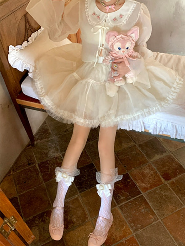 Socks Creamy Bowknot Lace White Trim Polka Dot with Calf Decoration