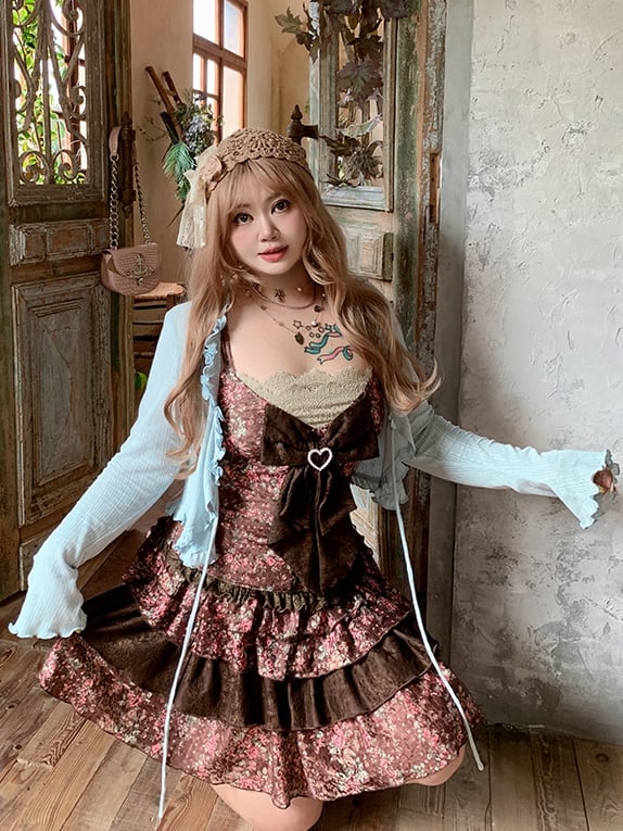 Top / Plus Size Braunes Slip-Kleid mit Blumendruck Mintgrün