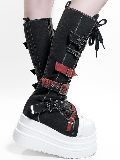 Bottes à plateforme avec système de fermeture, Punk, Hybride en toile rouge et noire