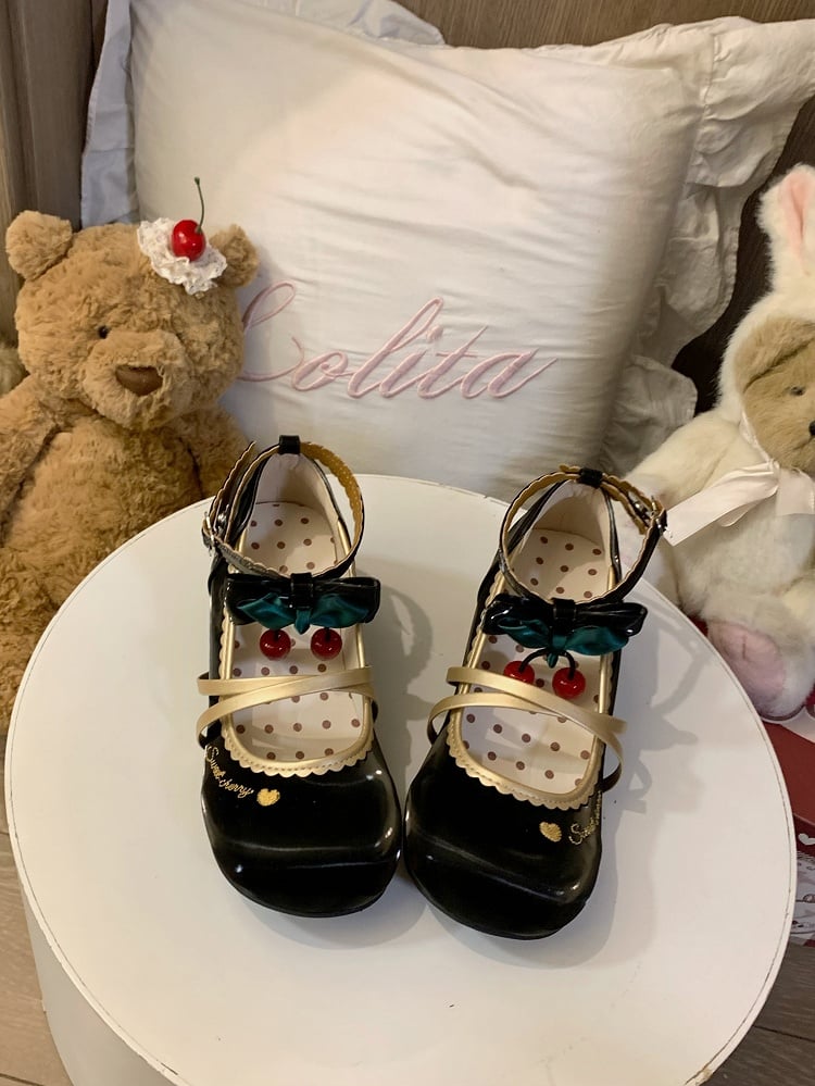 with Low-heel Heart Embellishments Cherry Sweet Lolita Snap Mary Black Janes