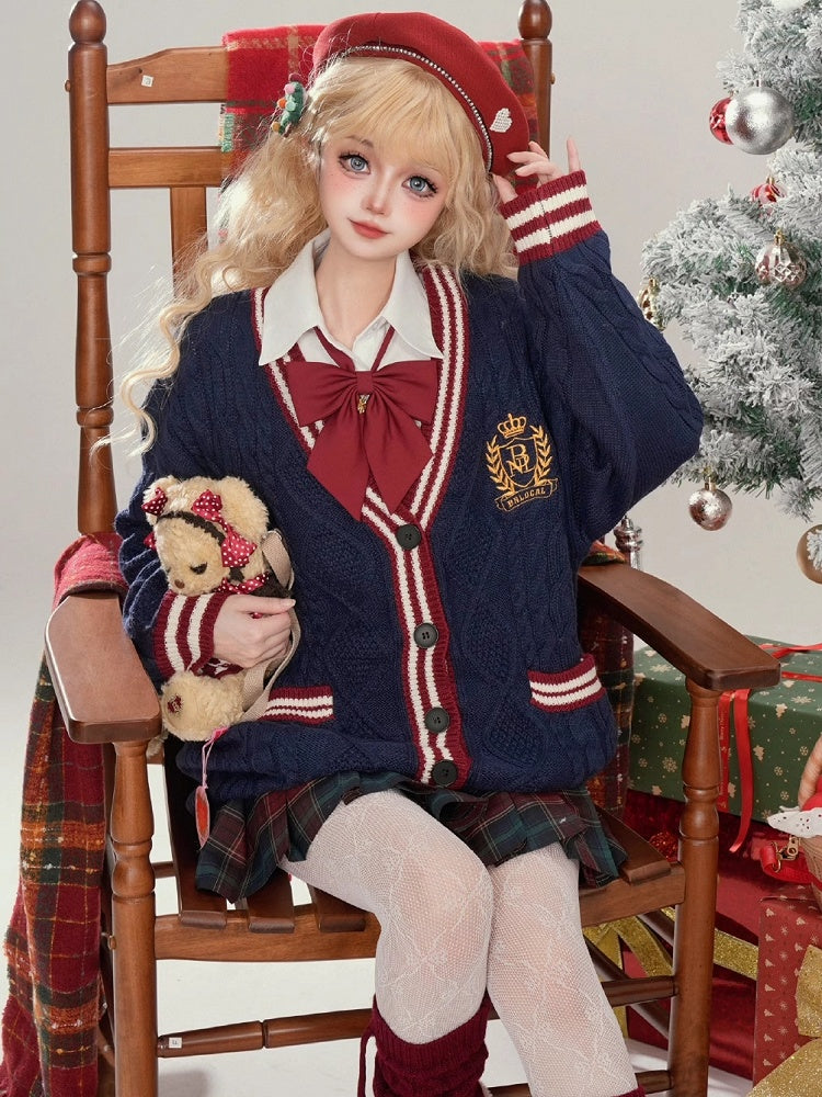 Christmas Navy Blue V-neck Preppy Loose Cardigan Contrast Striped Trim