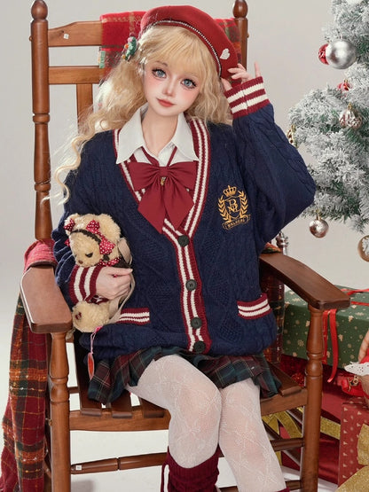 Christmas Navy Blue V-neck Preppy Loose Cardigan Contrast Striped Trim