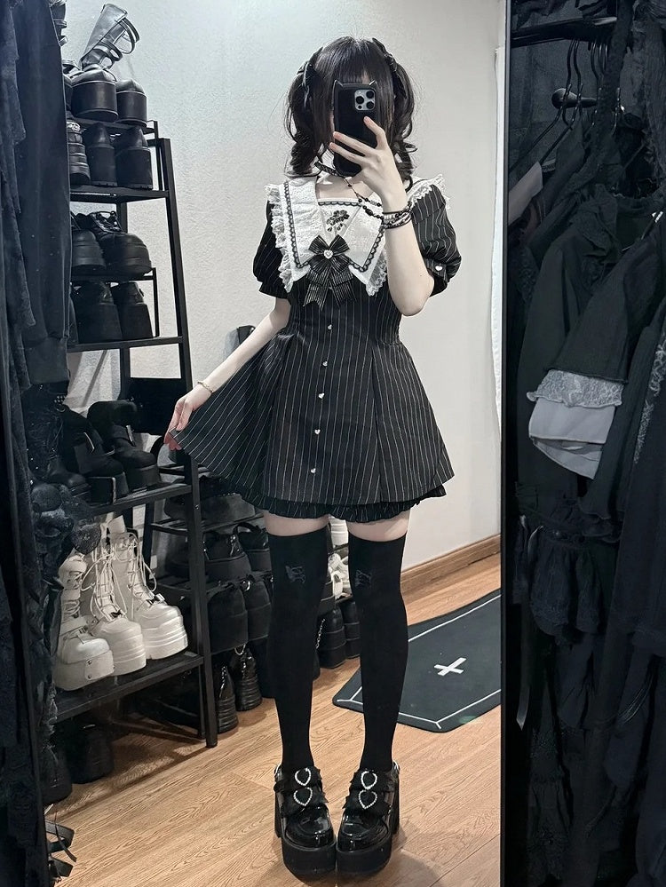 Black Striped Sailor Collar Short-Sleeve Dress with Cherry Blossom Embroidery and Matching Shorts - Dream Core Waves