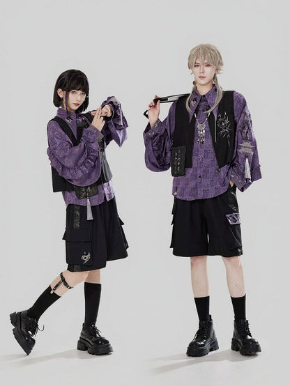 Style Chinese Side Embroidery with Shorts Pockets Black