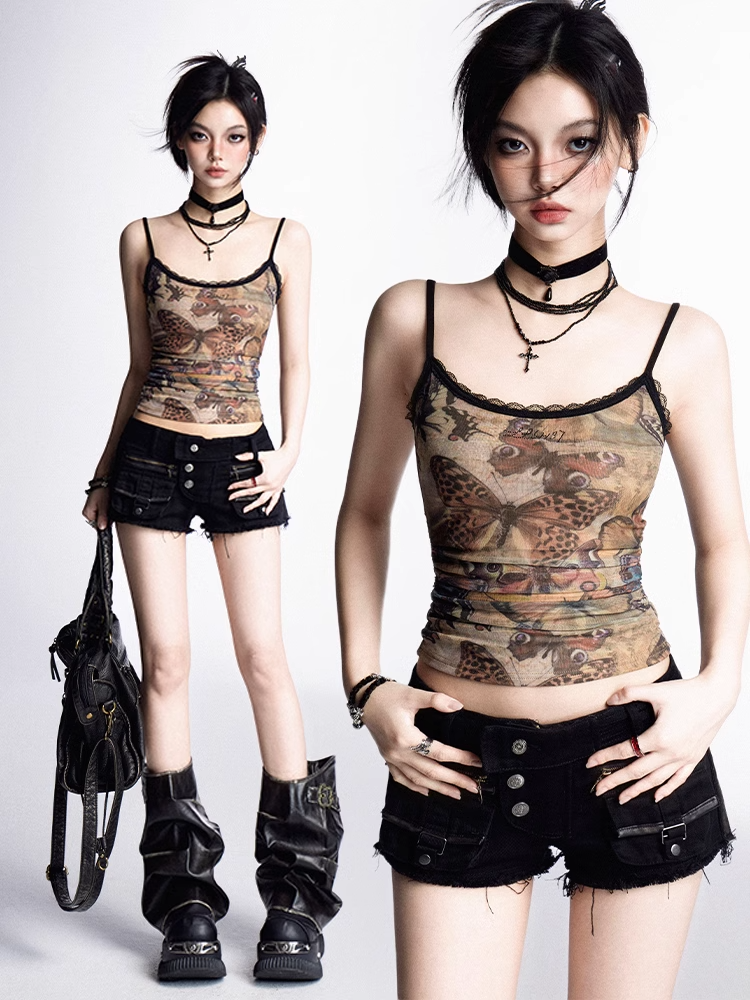 Mesh Cami Top Bittersweet Wasteland Punk Braun Schmetterlingsdruck