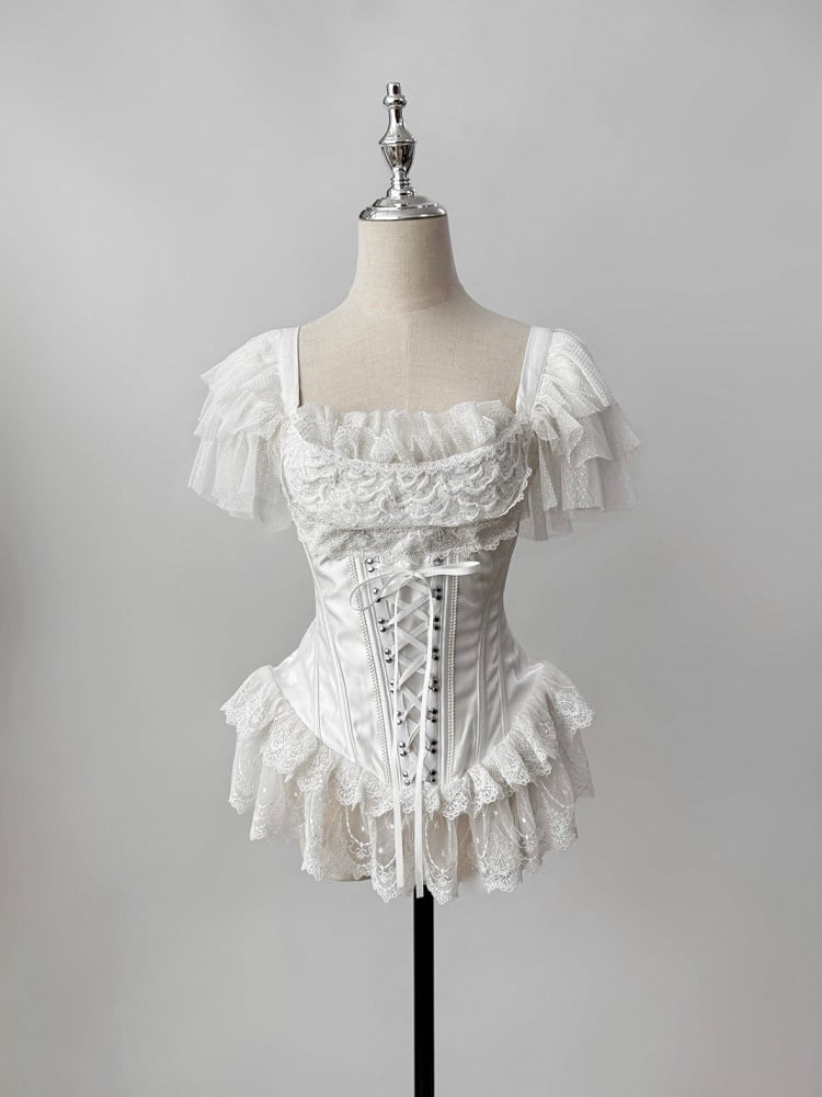 Haut corset désossé Lolita Gothique Blanche – Encolure Carrée + Manches Papillon | Puppet Mind Book