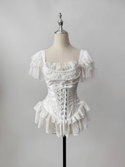 White Gothic Lolita Boned Corset Top – Square Neck + Butterfly Sleeves | Puppet Mind Book