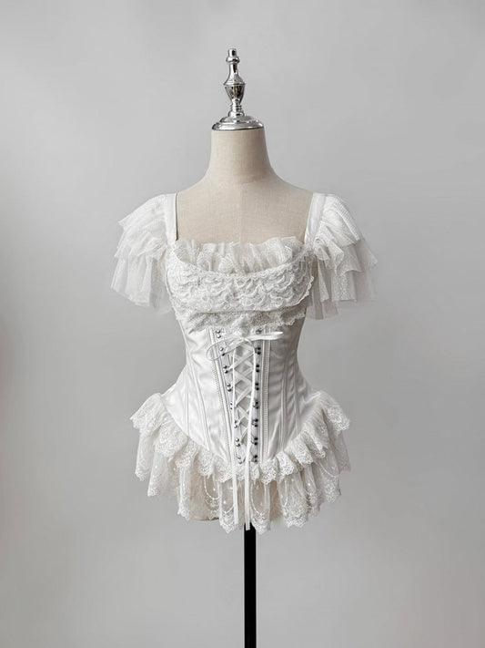 White Gothic Lolita Boned Corset Top – Square Neck + Butterfly Sleeves | Puppet Mind Book