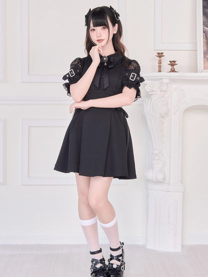 Jirai Kei – Rotes Kleid mit hoher Taille und Kunstschnürung, Schwarz/Schwarz, zweiteilig