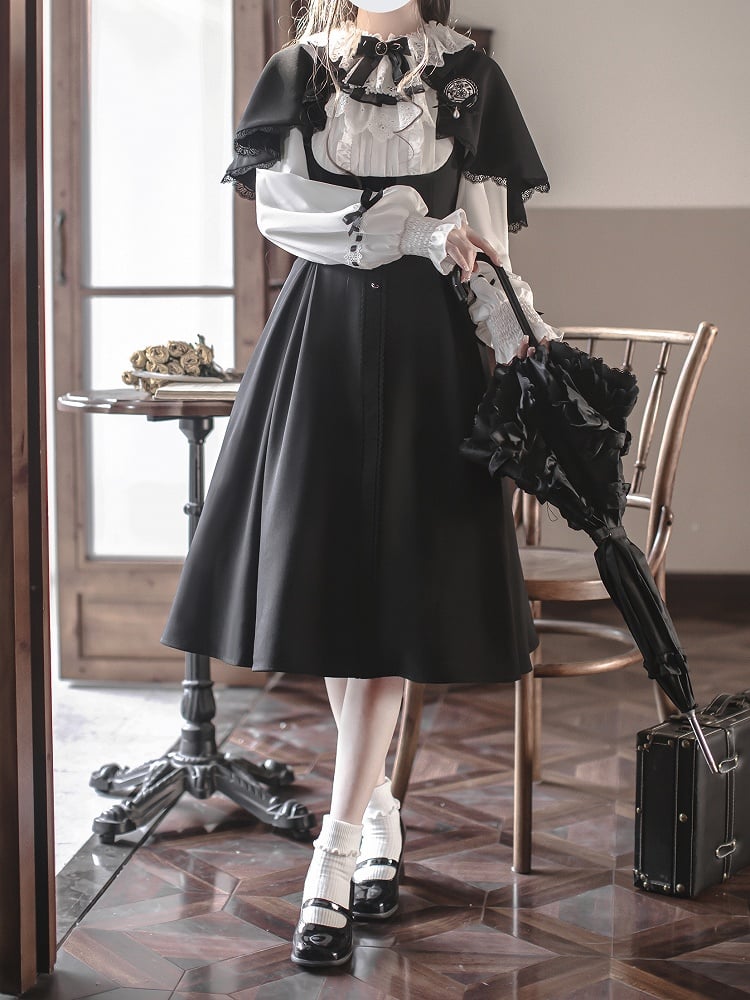 Black Elegant White Vintage Classic with Cape and Dress Lolita Detachable