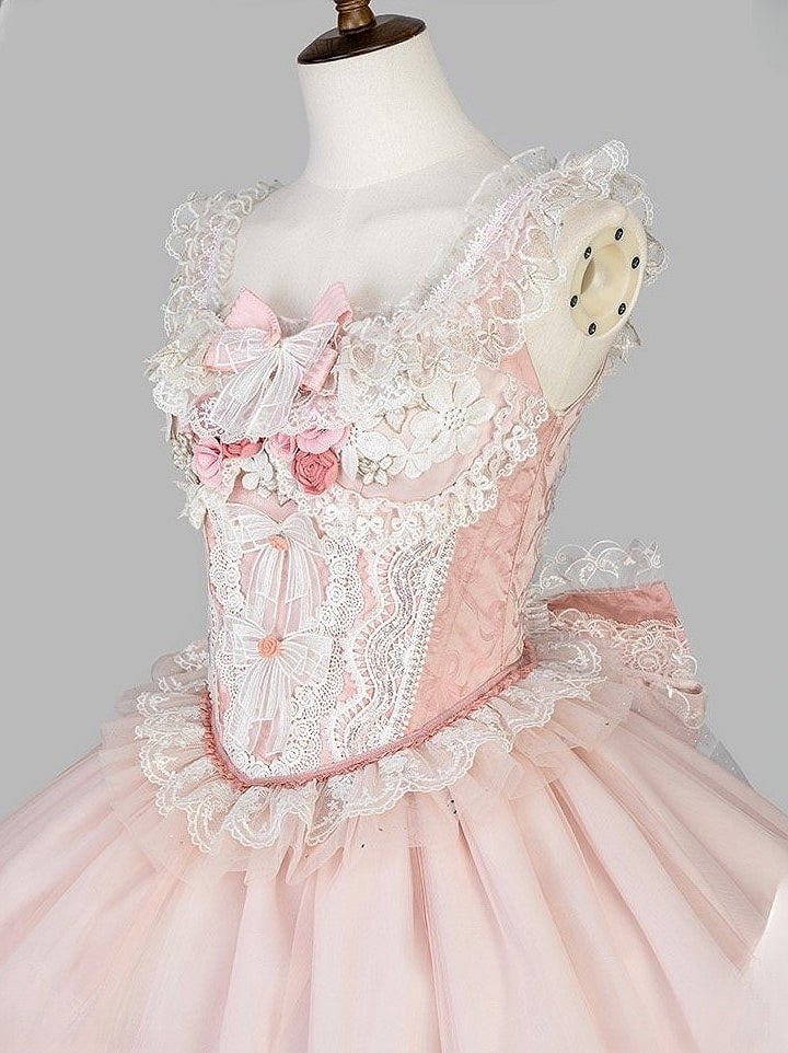Lace-Trimmed Lolita Bow Lace Corset Pink Top + Decorated Skirt Jacquard Sweet and