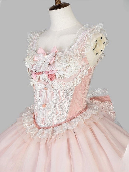Lace-Trimmed Lolita Bow Lace Corset Pink Top + Decorated Skirt Jacquard Sweet and
