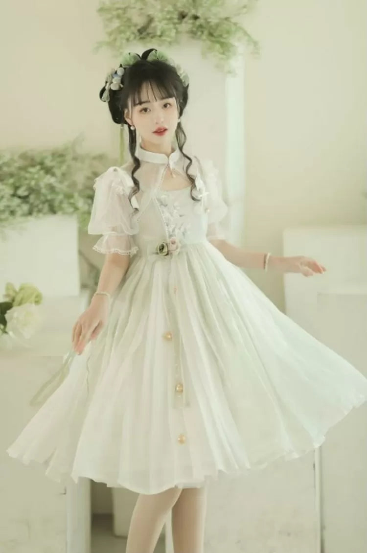 Banded Green Floral Embroidery Top Dress White Collar +