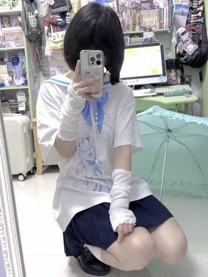 With Tenshi Bow Cartoon Tie T-shirt Collar Blue Sailor WhiteBlue Kaiwai Print
