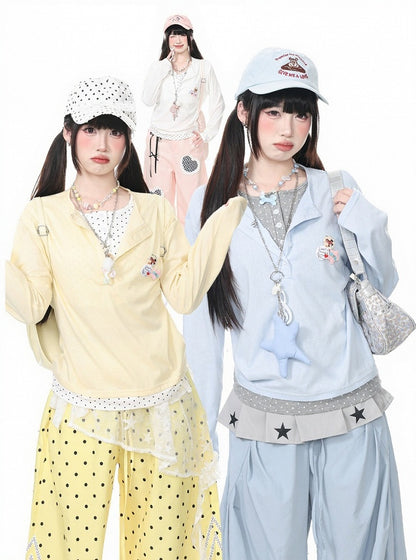 Yellow Polka Dot Fake Two-Piece Long Sleeve Top with Badge Accents - Languid Park