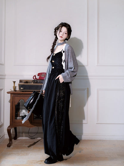 Gray Outerwear with White Trim & Bowknot Details - Luo Xiu Dong Xiang