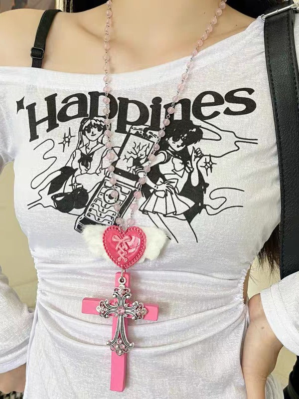 Black & White Y2K Heart Wing Cross Necklace - Kiwi Store