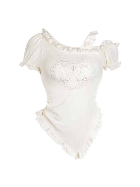 Asymmetric Knit Top - Sleeve Short Beige Backless Design