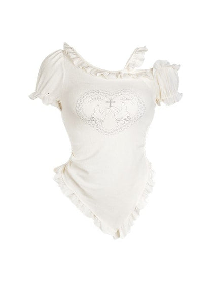 Asymmetric Knit Top - Sleeve Short Beige Backless Design